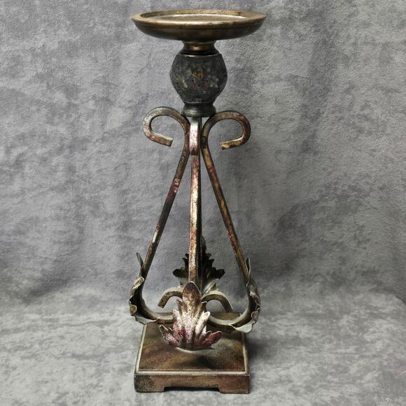 Rustic Metal Leaf Design 12" Candle Holder Display Piece Home Decor - Picture 3 of 11